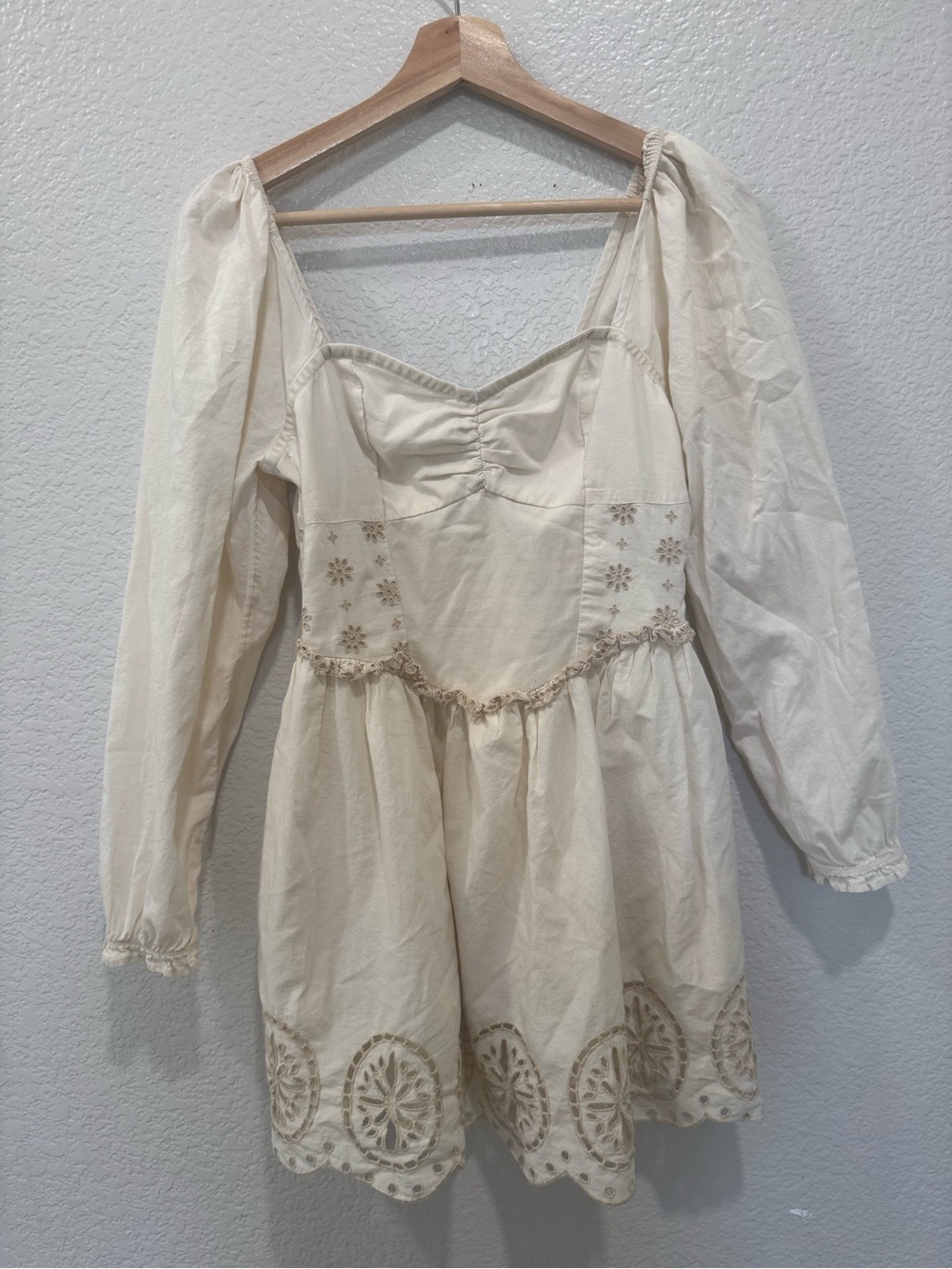 American Eagle Outfitters Cream Long-Sleeve Lace-Hem Mini Dress - Picture 2 of 6